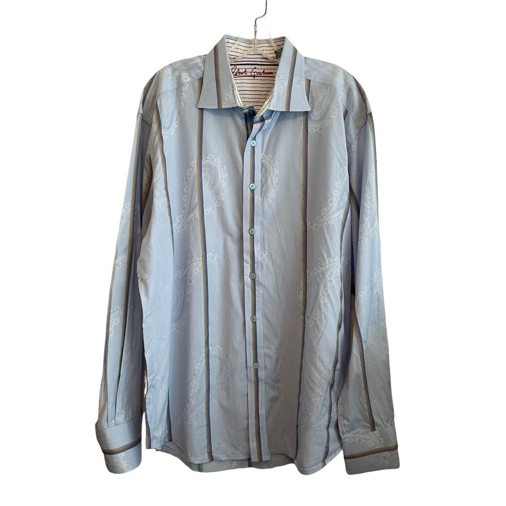 Robert Graham Long Sleeve Button Up Shirt Men Size 2XL Pale Blue Paisley Striped